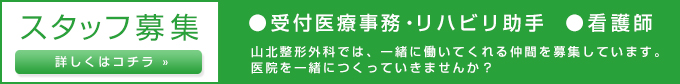 スタッフ募集 ●受付医療事務・リハビリ助手 ●看護師 山北整形外科では、一緒に働いてくれる仲間を募集しています。<br />
医院を一緒につくっていきませんか? 詳しくはコチラ »